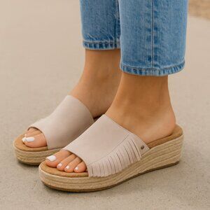 UGG Suede Espadrille Wedge Slide Sandals Fringe Beige Size 10